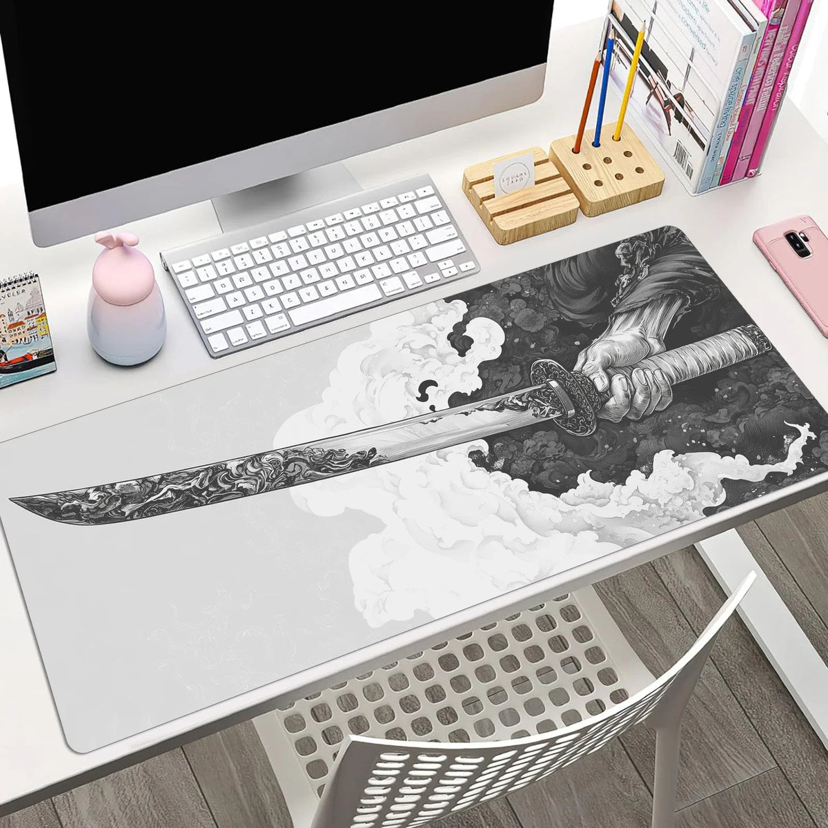 Black And White Comic Wind Sword Model Keyboard Mouse Pad Desk Mat Gaming Mouse Pad Non Slip Rubber Base Stitched Edges