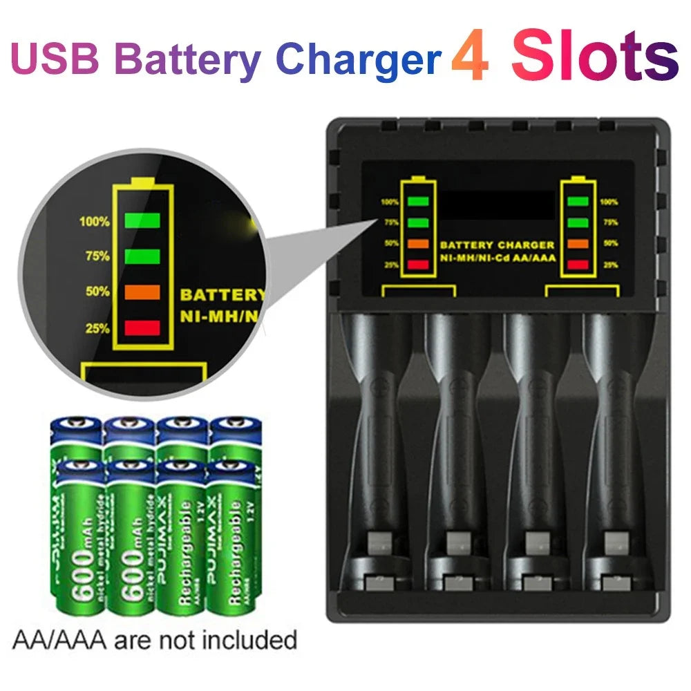 Battery Charger 4 Slot Intelligent Fast Charge With Indicator For 1.2V NiMH NiCd AAA/AA Rechargeable Battery USB C Micro Charger