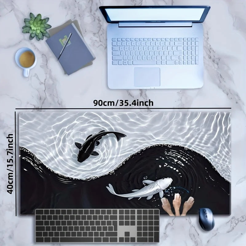 Tai Chi Koi Patterned Gaming Mouse Pad Non-Slip Rubber Base Precision Stitched Edges Waterproof Rectangular Desk Mat Office Game