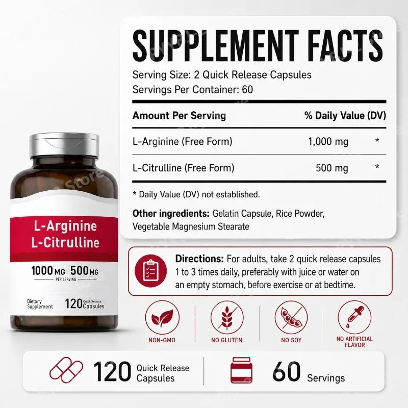 Amino Acid Supplement Capsules 120 Count Provide Energy & Healthy Living Support with 1000mg L-Arginine and 500mg L-Citrulline