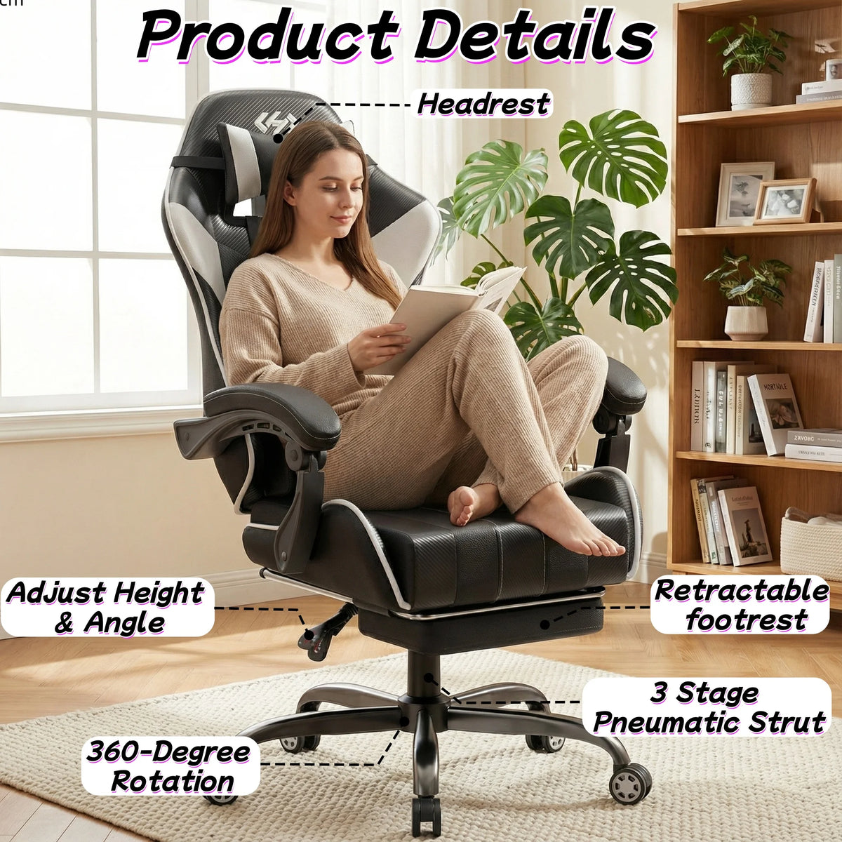 Ergonomic Gaming Chair, Lumbar Massage & Adjustable Headrest, PU Leather Computer Seat with Retractable Footrest and 360° Swivel