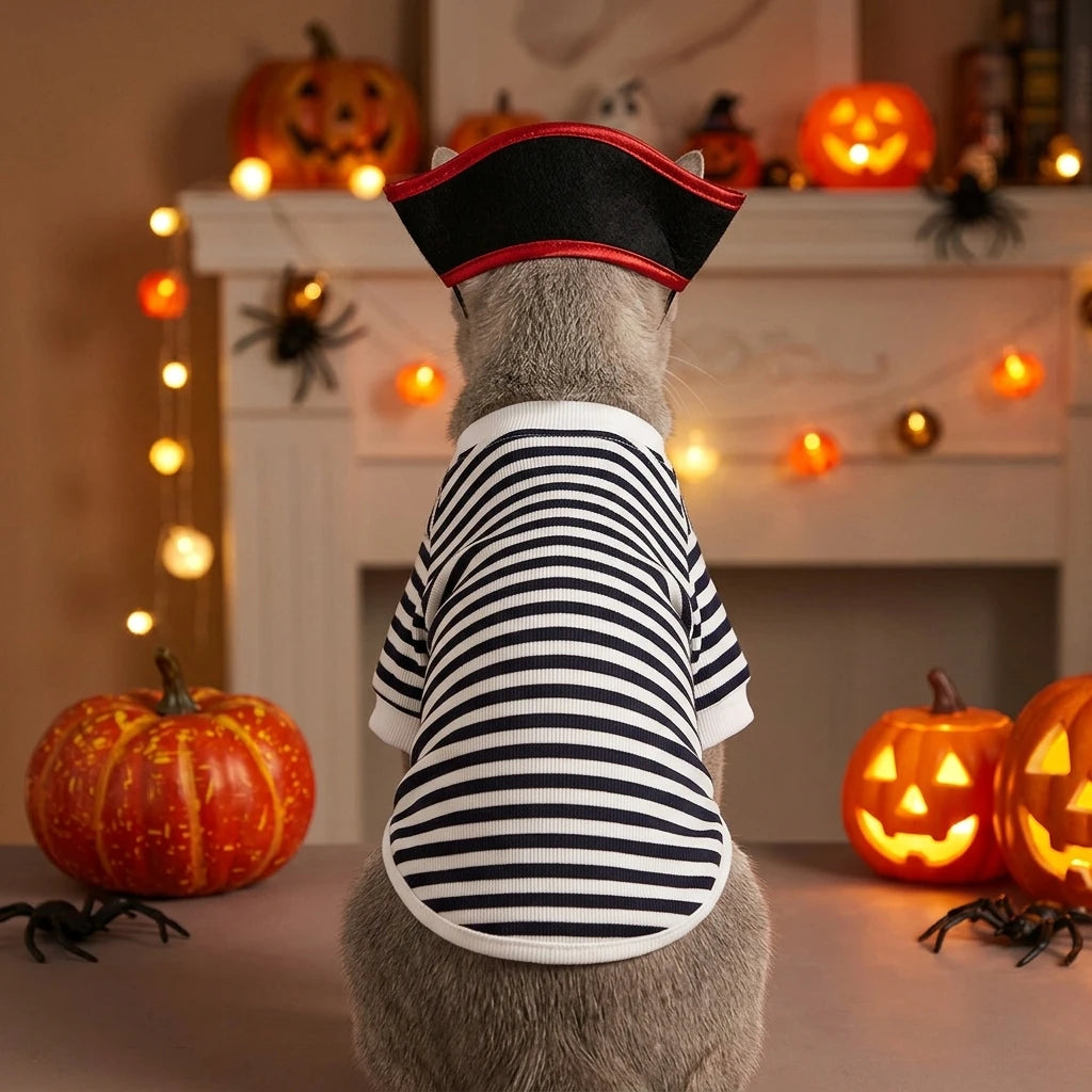 Halloween Pirate Pet Costume Set with Skull Hat Black White Striped Dog Cat Shirt Sweatshirt Spooky Cosplay Party Apparel Outfit