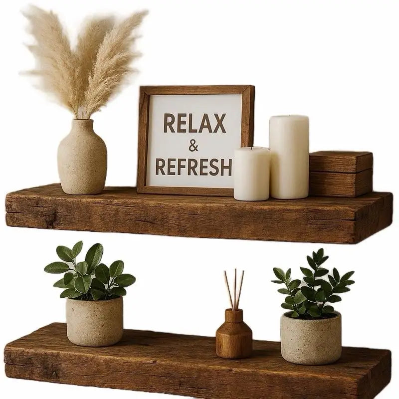 2Pcs Rustic Wooden Floating Shelves 16 Inch Wall Mounted Storage Rack Vintage Brown Wood Display Ledge Organizer Space Saving Shelf for Bathroom Bedroom Kitchen Living Room Home Decor