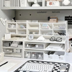 1PC 2-Tier Desk Organizer & Drawer Storage|With Tilt Pen Holder, Raised Bookshelf |Matte White PVC For Stationery, Cosmetics, O
