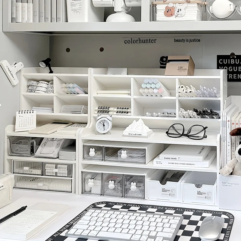 1PC 2-Tier Desk Organizer & Drawer Storage|With Tilt Pen Holder, Raised Bookshelf |Matte White PVC For Stationery, Cosmetics, O