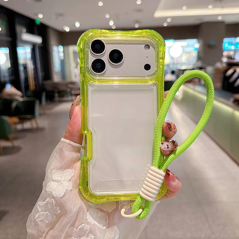 Luxury 3in1 Clear Anti-Drop Phone Case for iPhone 18 17 16 15 14 Plus 13 Pro Max Candy Colour Frame Wrist Strap Protection Cover