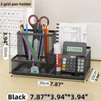 Black Mesh Office Caddy – Desk Organizer with Pencil Holder & Storage Baskets, 3 Compartments for Desktop Accessories