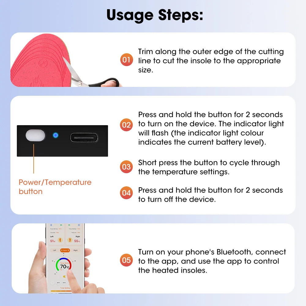 Electric Heated Insoles Anti Stress Safe Foot Warming Pad APP-Controlled Cut-to-Fit for Winter Outdoor Camping Skiing Shoe Pads