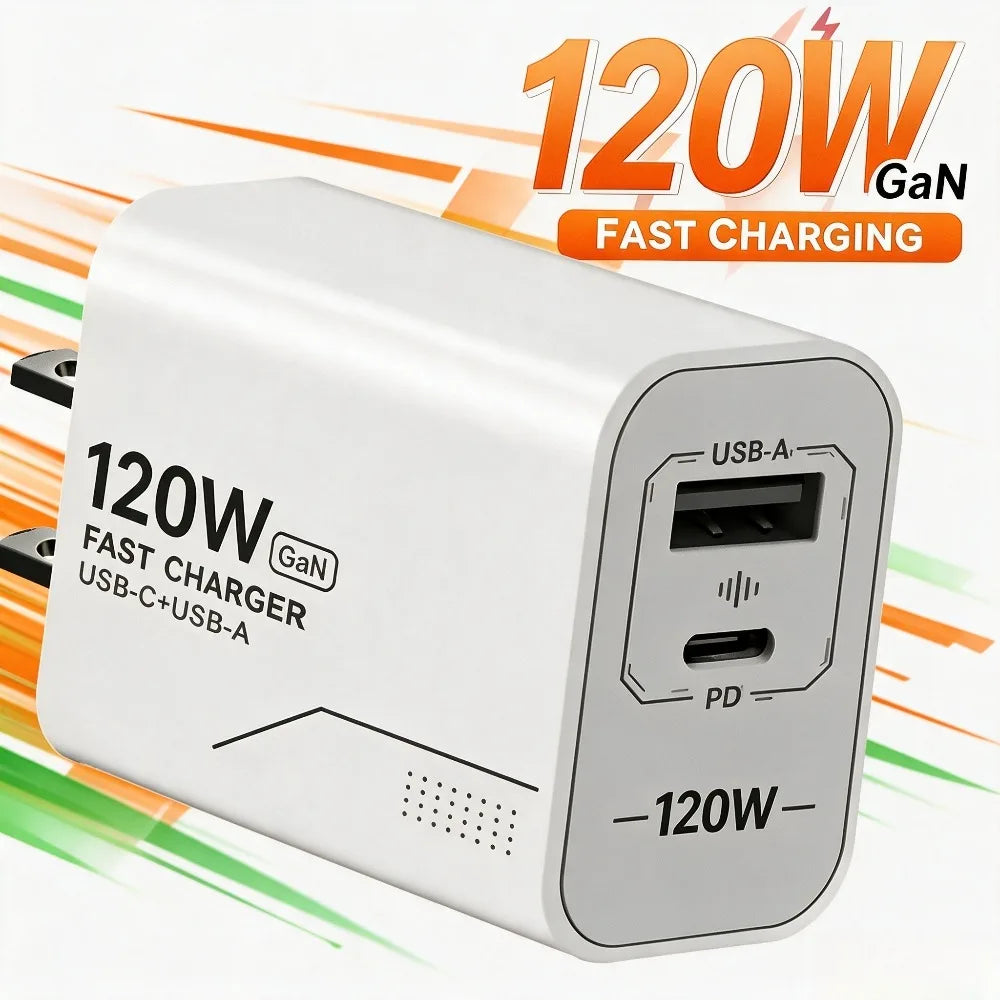 120W GaN USB C Charger 2-Port Fast Charging Phone Charger Power Adapter For iPhone Samsung Xiaomi Type C US Plug Wall Charger