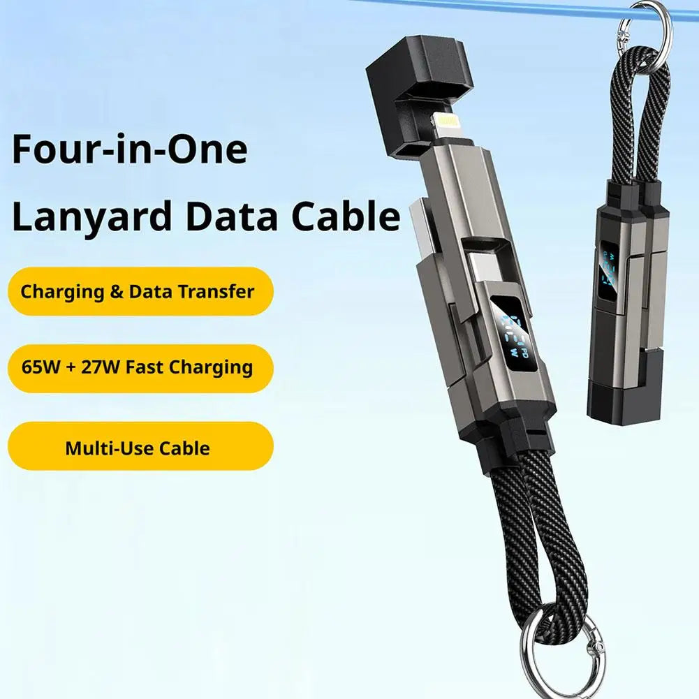 4-in-1 Portable 65W Keychain Digital Display PD Fast Charging Cable For iPhone Huawei Short Type-C Mobile Phone Data Cable