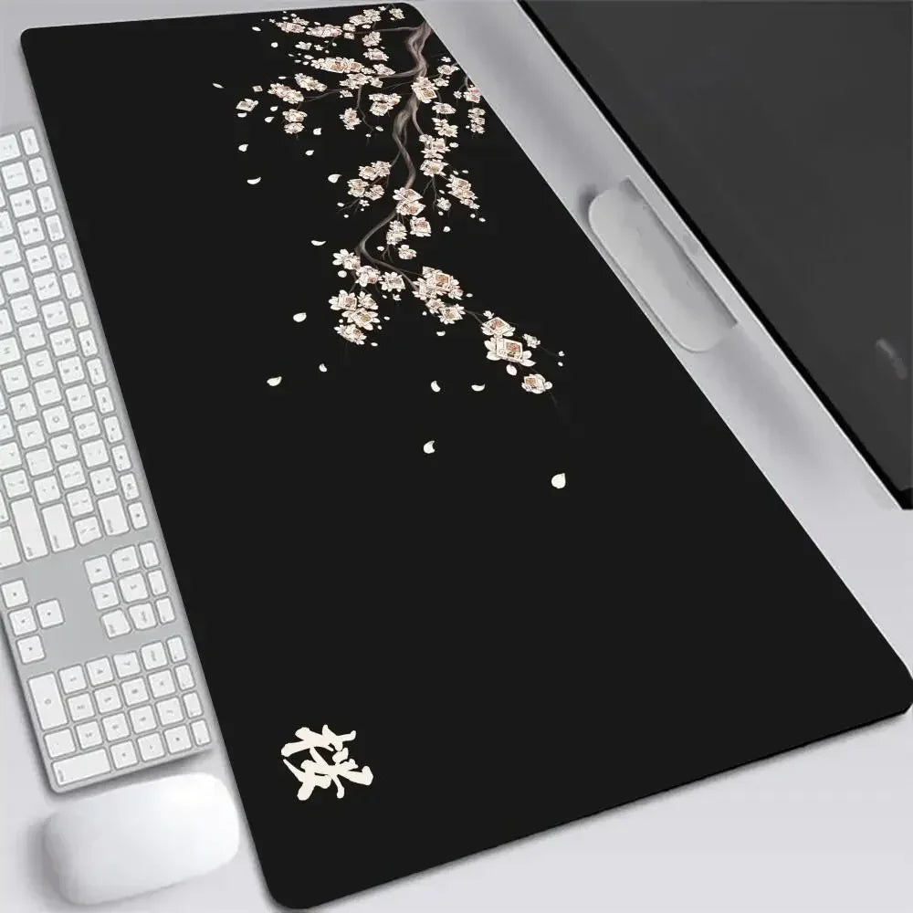 Alfombrilla de ratón XXL japonesa de flor de cerezo, gris, para laptops, escritorio de juego, sakura, anime, alfombra de oficina, gamer, teclados, computadoras y escritorios