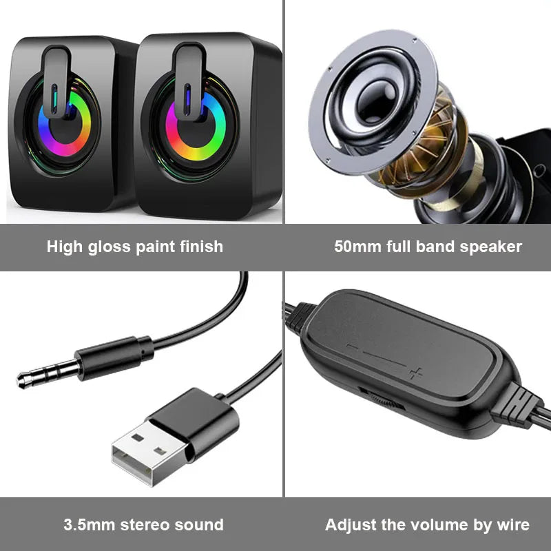 USB Wired PC Speakers | HIFI Stereo Sound, Built-in Mic, LED Light for Desktop