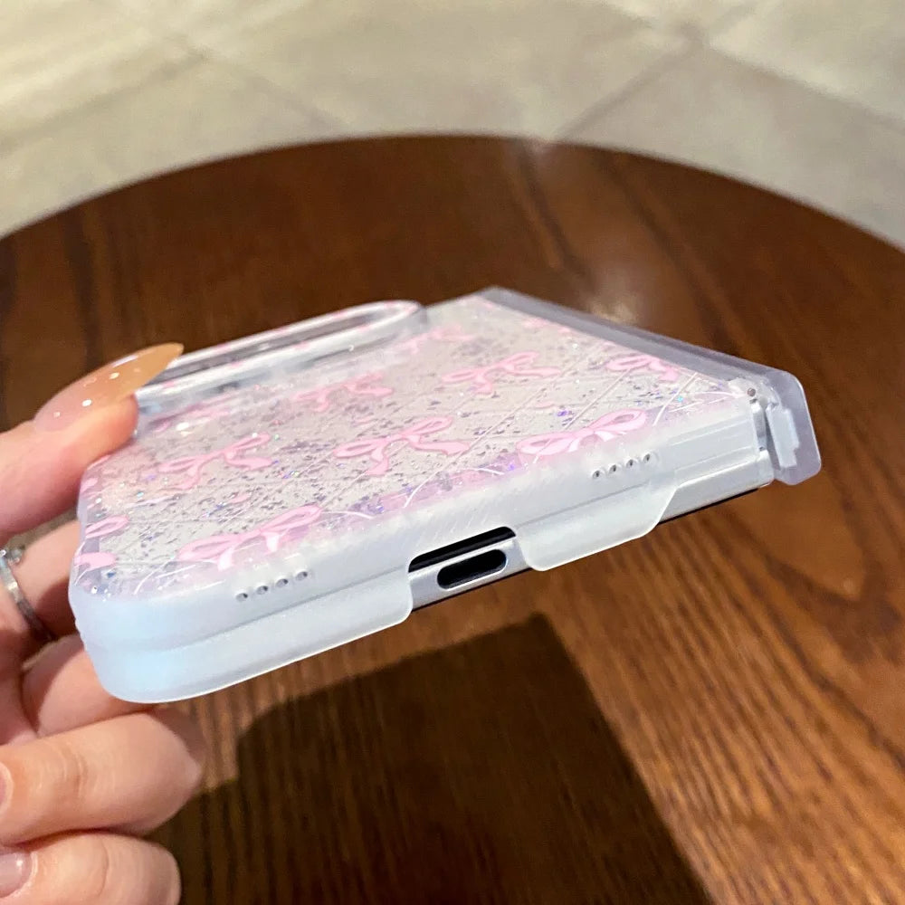 Luxury Glitter Sequins Transparent Bows Phone Case For iPhone Duo Clear Hinge Protection Soft Silicone Shockproof Bumper Cover