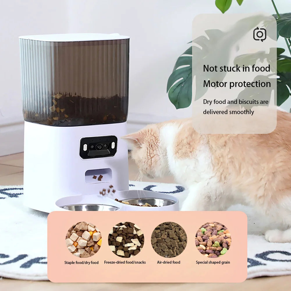 5L Pet Feeder with Camera Automatic Cat Feeder Smart Dog Food Dispenser WiFi Timing Stainless Steel Feeding Bowl（No 5V 2A Plug）