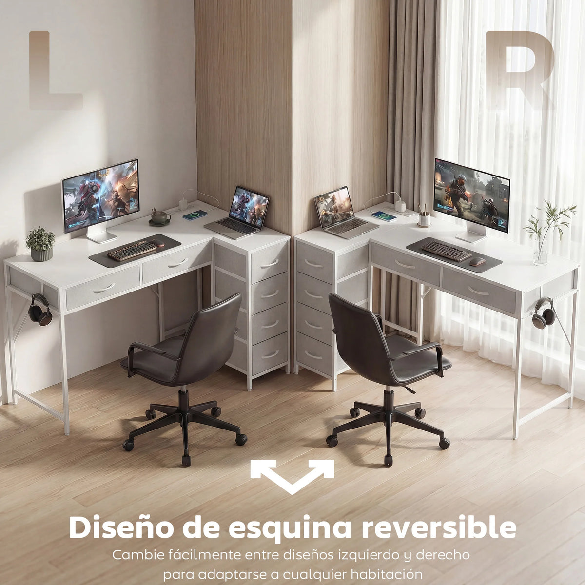 Homcom Reversible Corner Desk with 6 Drawers 126X48 cm with Power Outlet USB and Usb-C Charging Port White
