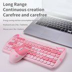 GEEZER Wireless Silent Keyboard Mouse Combo, Pink-Black Cat Ear Retro Round Keycaps US QWERTY Layout
