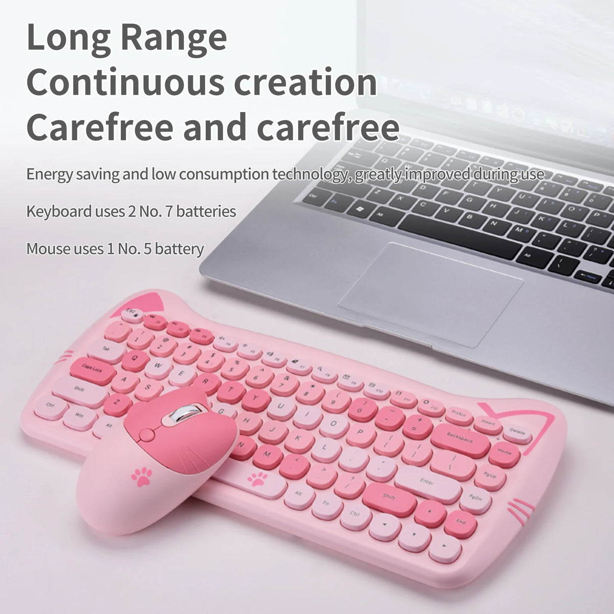 GEEZER Wireless Silent Keyboard Mouse Combo, Pink-Black Cat Ear Retro Round Keycaps US QWERTY Layout