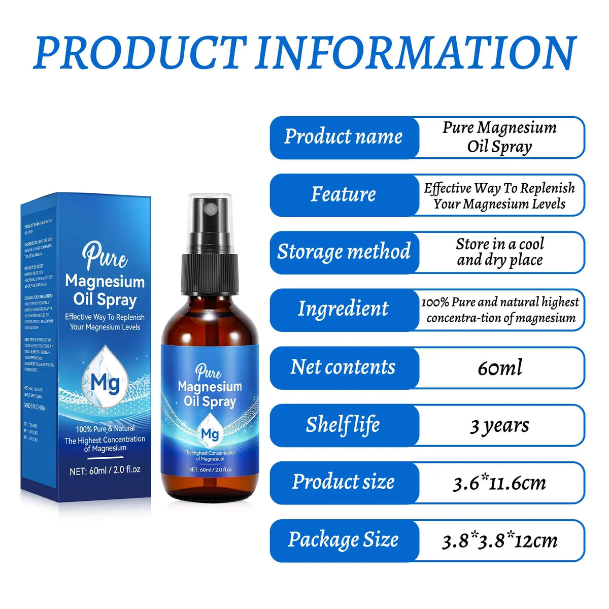 Magnesium Body Oil Spray 60ml 10 Percent Mineral Rich Formula for Muscle and Skin Care Natural Chloride Solution
