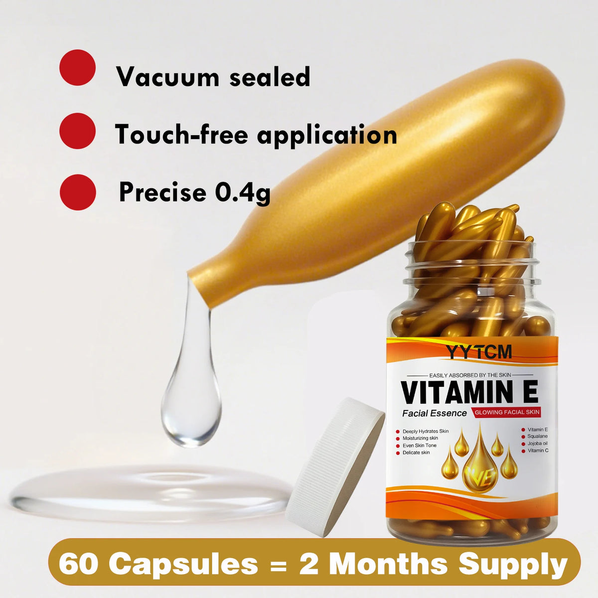 Vitamin E Deep Moisturizing Capsule Essence, Hydrates and Smooths Skin, Contains Plant-Based Squalane, Vitamin C, Deep Hydration and Brightening Skin Essence, 18 Capsules/30 Capsules/48 Capsules/60 Capsules/90 Capsules/120 Ca