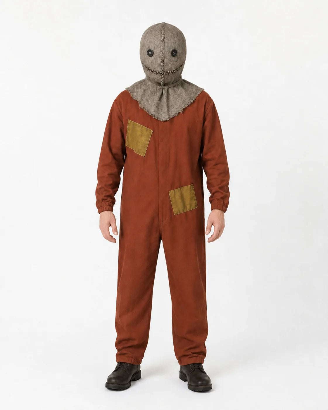 Halloween Scarecrow Sam Cosplay Costume 3‑Pcs Jumpsuit Mask Sack Trick or Treat Horror Role‑Play Outfit for Party Sam in Stock