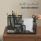 Black Mesh Office Caddy – Desk Organizer with Pencil Holder & Storage Baskets, 3 Compartments for Desktop Accessories