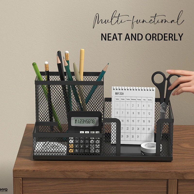 Black Mesh Office Caddy – Desk Organizer with Pencil Holder & Storage Baskets, 3 Compartments for Desktop Accessories
