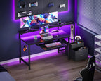 Coleshome gaming desk with LED, 140x48 cm, black, cloth drawers, 2 sockets and 2 USB ports, Home Office monitor stand