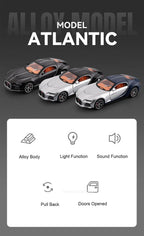 1:32 Atlantic Tourbillon Car Model Alloy Diecast Toys Doors Opened Sound Light Pull Back Miniature Models Office Table Ornaments
