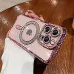 New Fashion Glitter Diamond Transparent Case For iPhone 16 15 14 13 17 12 18 Pro Max Plus Magnetic Wireless Charge Bumper Cover