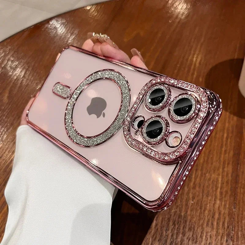 New Fashion Glitter Diamond Transparent Case For iPhone 16 15 14 13 17 12 18 Pro Max Plus Magnetic Wireless Charge Bumper Cover