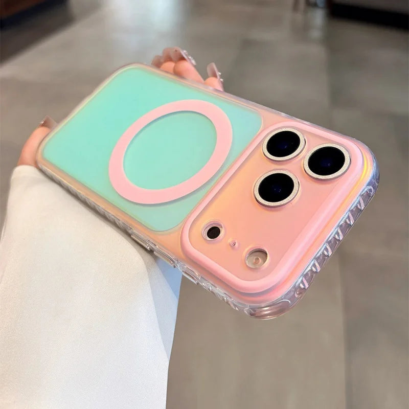 Luxury Laser Aurora Gradient For Magsafe Phone Case For iPhone 18 15 16 17 Pro Max Magnetic Wireless Charging Hard Bumper Cover