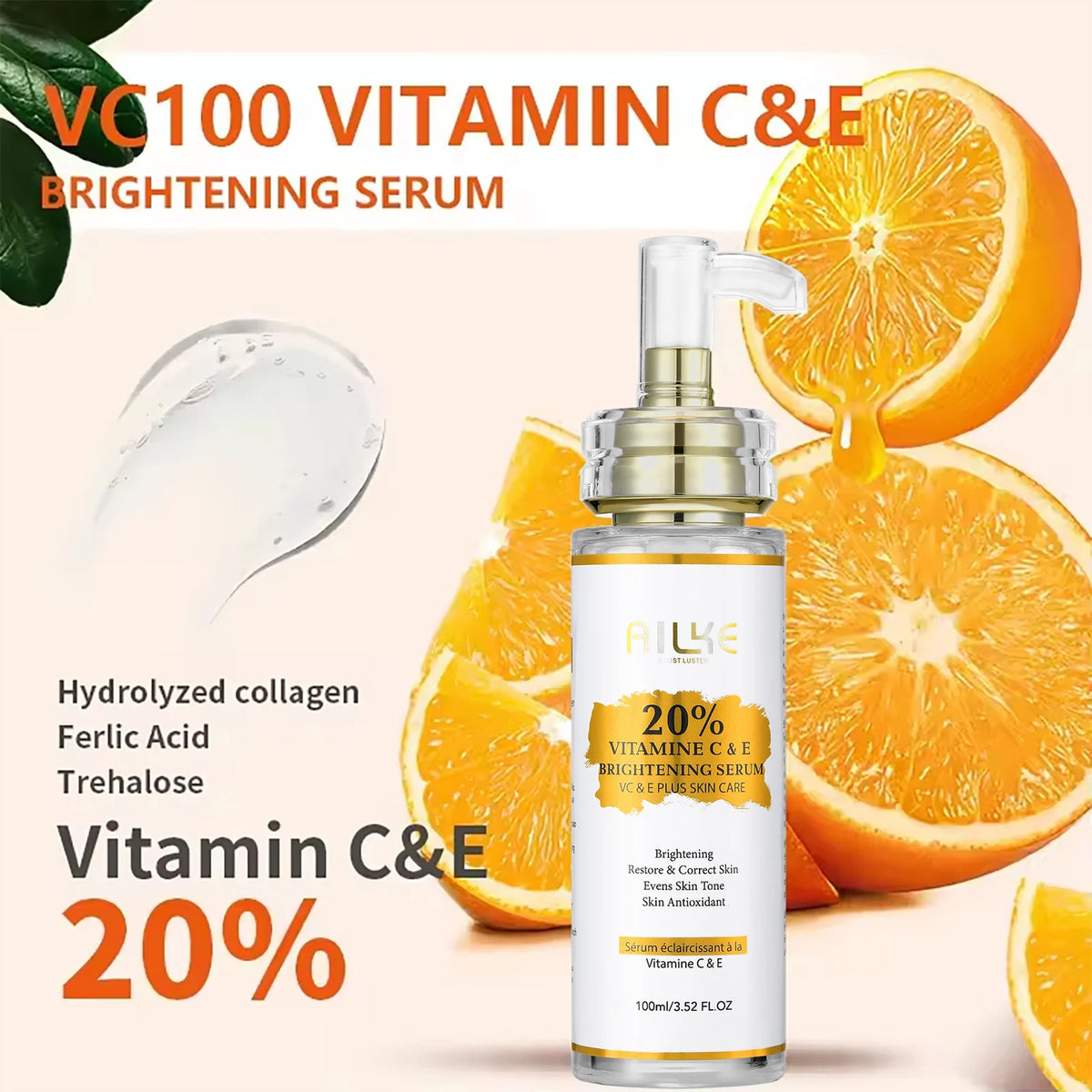 AILKE Vitamin C and E Brightening Concentrated Serum, Whitening, Moisturizing, Clean Skin, Reduce Dark Spots, 100ml/3.52 oz