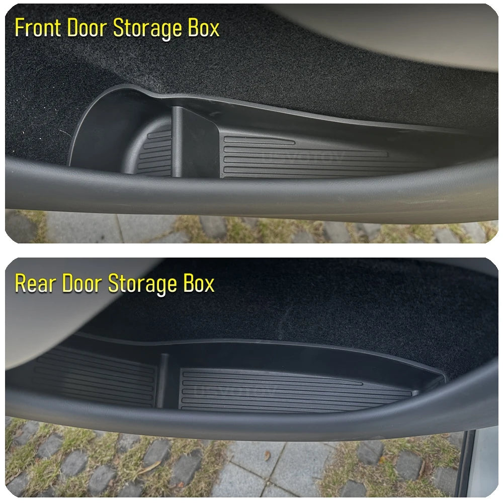 USVOTOV Car Door Side Storage Box for 2025 2026 Tesla Model Y Juniper Model 3 Model YL Accessories Door Organizer Tray Trash Can