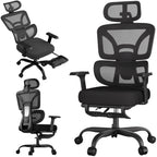 Ergonomic Office Chair High Back Mesh with 2D Adjustable Headrest Retractable Footrest 66° Rotating 2.6' Lifting Thick Sponge Seat Lumbar Support Quiet Swivel Casters for Home Office