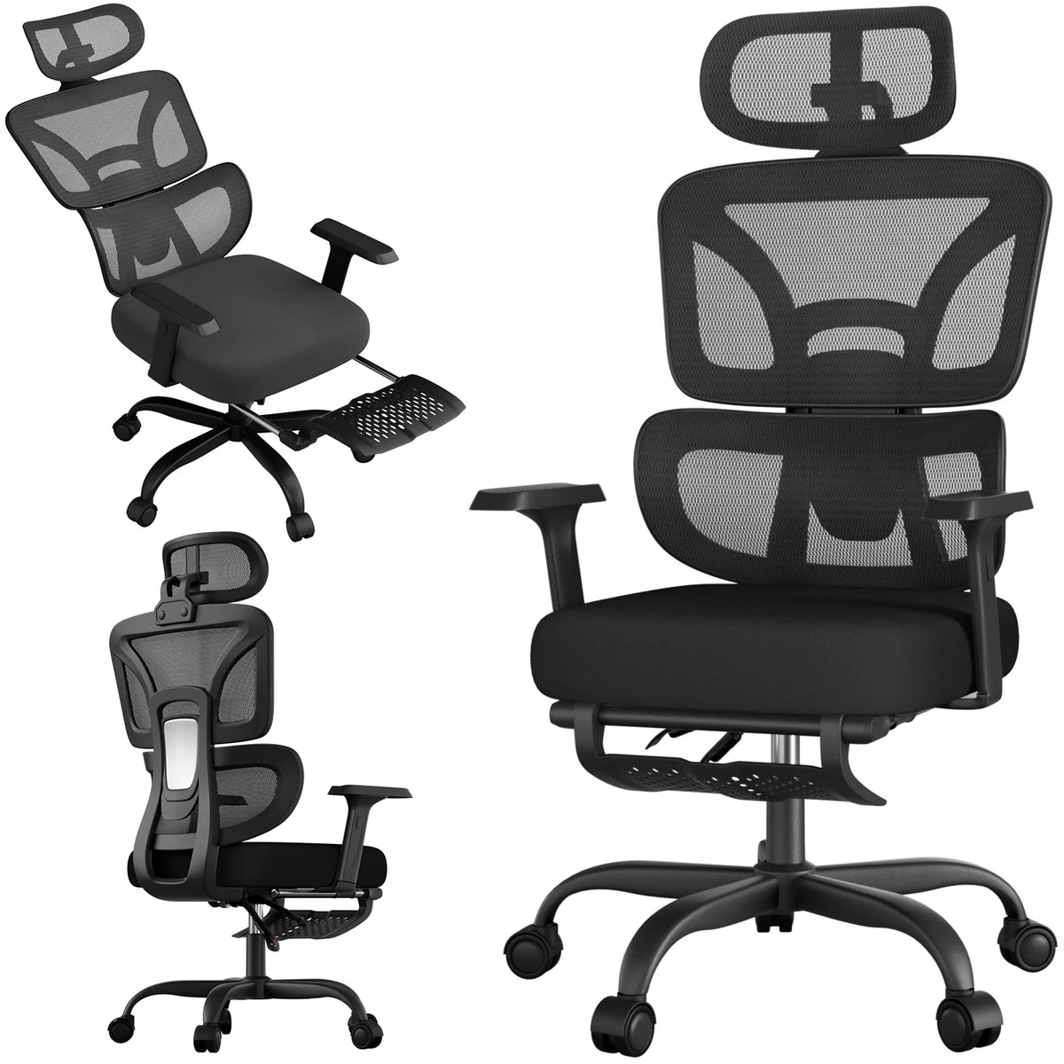 Ergonomic Office Chair High Back Mesh with 2D Adjustable Headrest Retractable Footrest 66° Rotating 2.6' Lifting Thick Sponge Seat Lumbar Support Quiet Swivel Casters for Home Office
