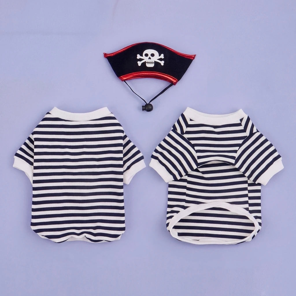 Halloween Pirate Pet Costume Set with Skull Hat Black White Striped Dog Cat Shirt Sweatshirt Spooky Cosplay Party Apparel Outfit