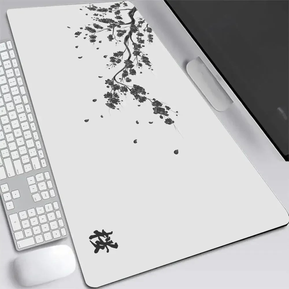 Alfombrilla de ratón XXL japonesa de flor de cerezo, gris, para laptops, escritorio de juego, sakura, anime, alfombra de oficina, gamer, teclados, computadoras y escritorios