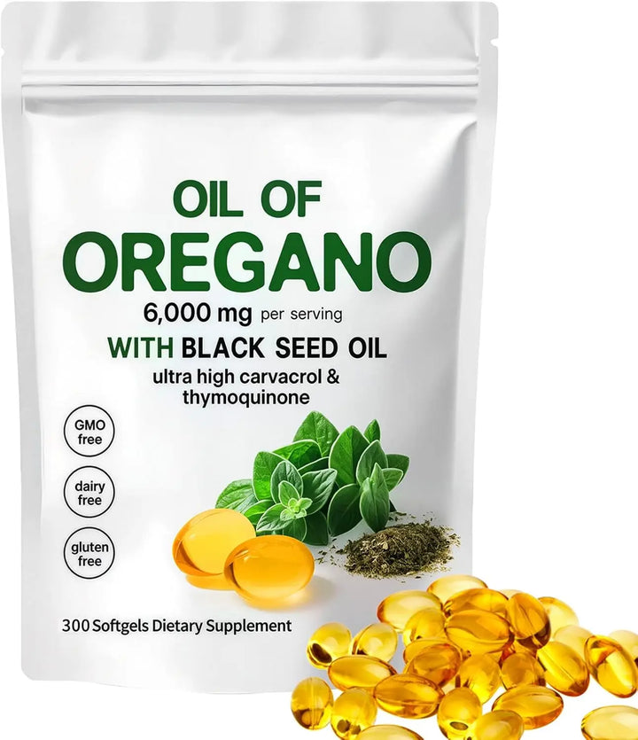 Oregano Oil with Black Seed Oil, 2-in-1 Organic Oregano Oil Capsules, 6000mg per serving, 300 softgels, 4X Strength Carvacrol & Thymoquinone, Non-GMO, Gluten Free & Immune Support