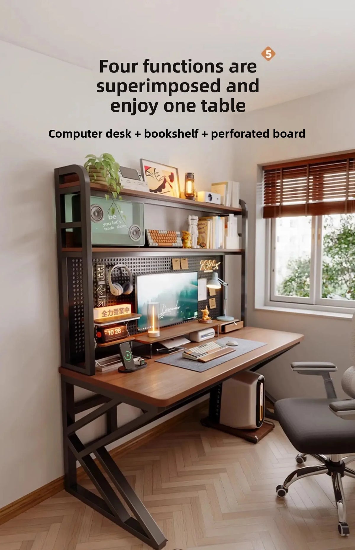 Gaming Desk with Bookshelf and Pegboard Computer Desk with Storage Shelf Home Office Study Desk for Bedroom Small Space