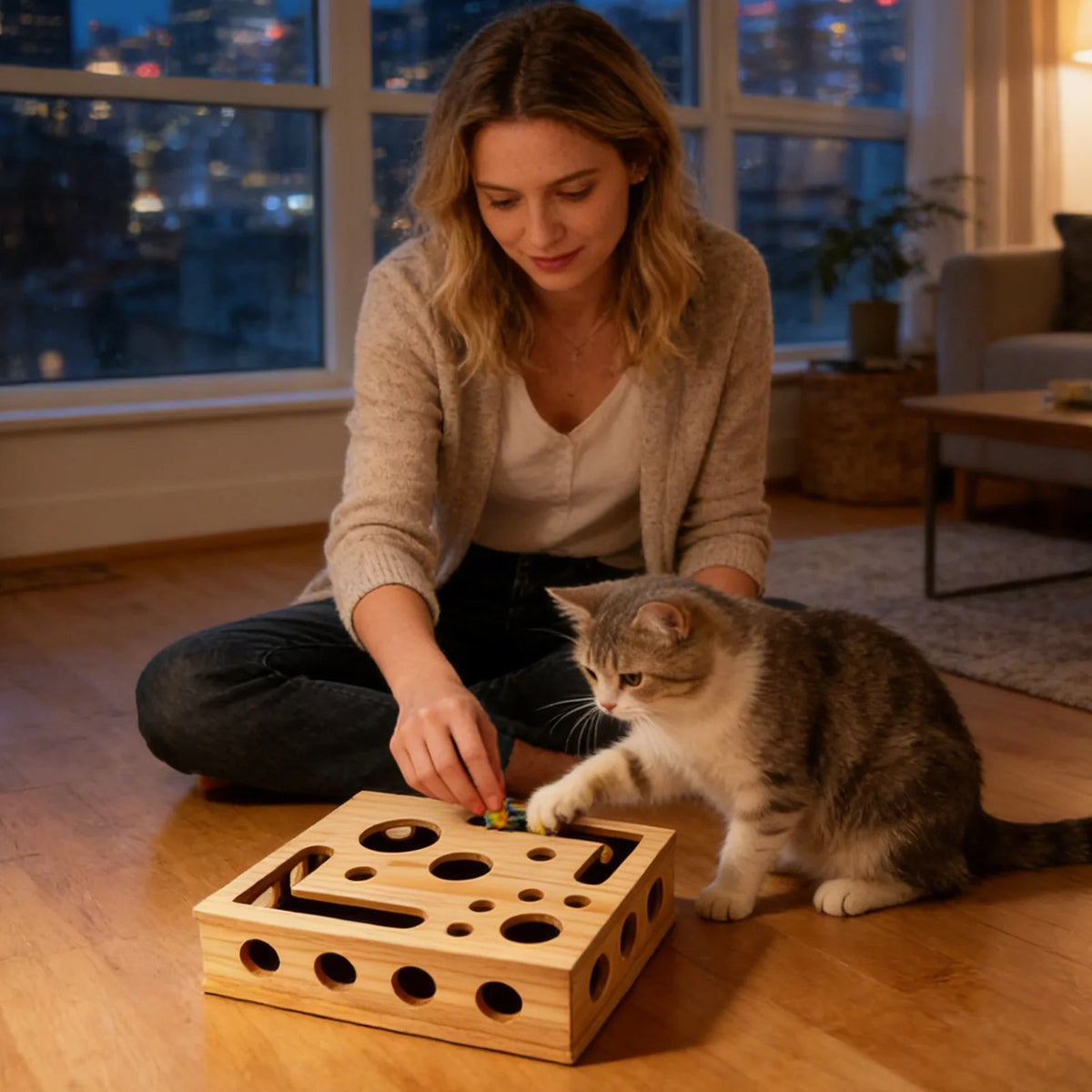 Juguetes de madera para gatos, rascadores de uñas, laberinto, estilo túnel, caja de excavación, juguetes interactivos para rascar de interior
