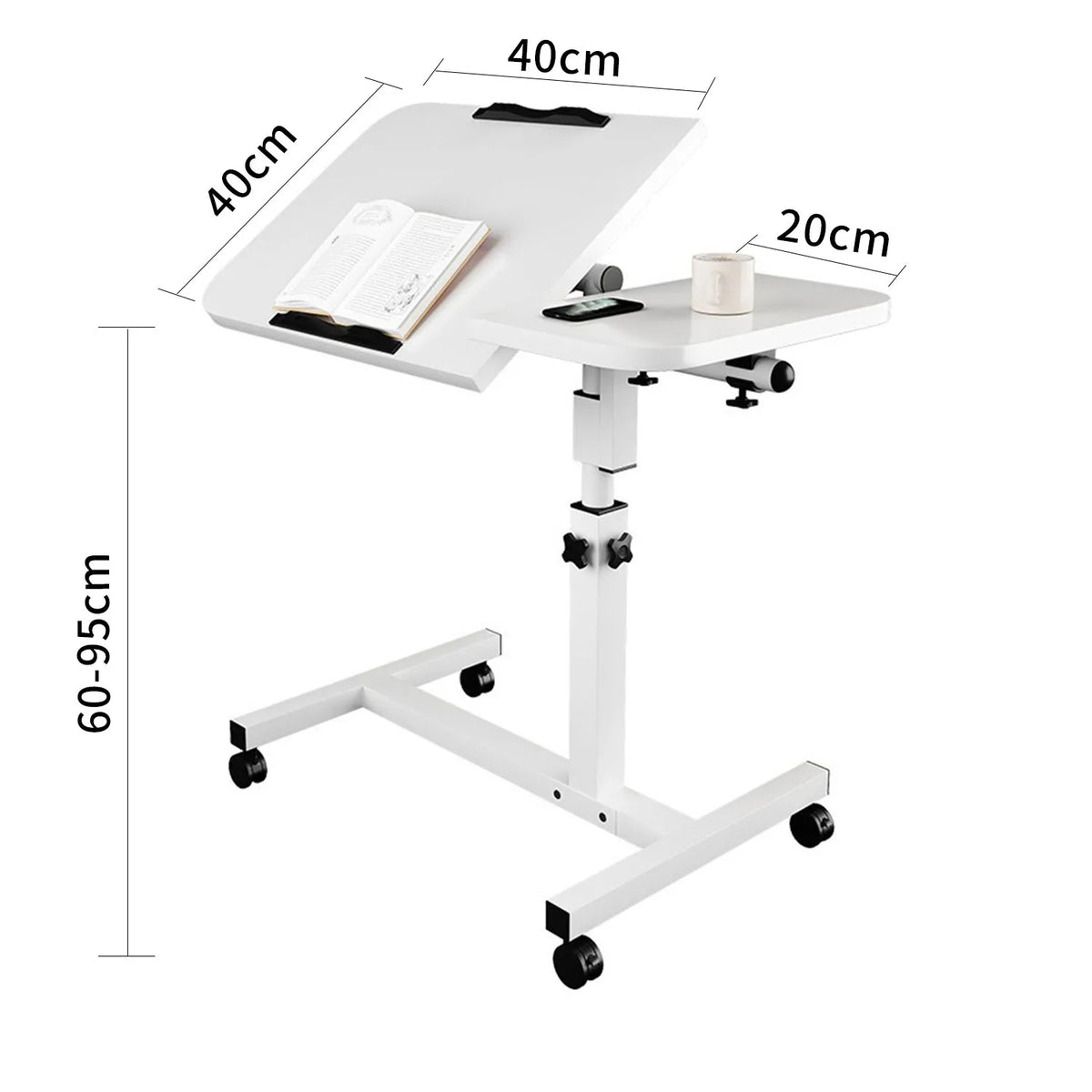 Mobile Laptop Desk with Wheels Height Adjustable Overbed Table, 180 Tiltable Bedside Computer Stand with Safety Edge Stopper, Carbon Steel Rolling Notebook Tray for Home Office Sofa Bed, White Bedroom Furniture