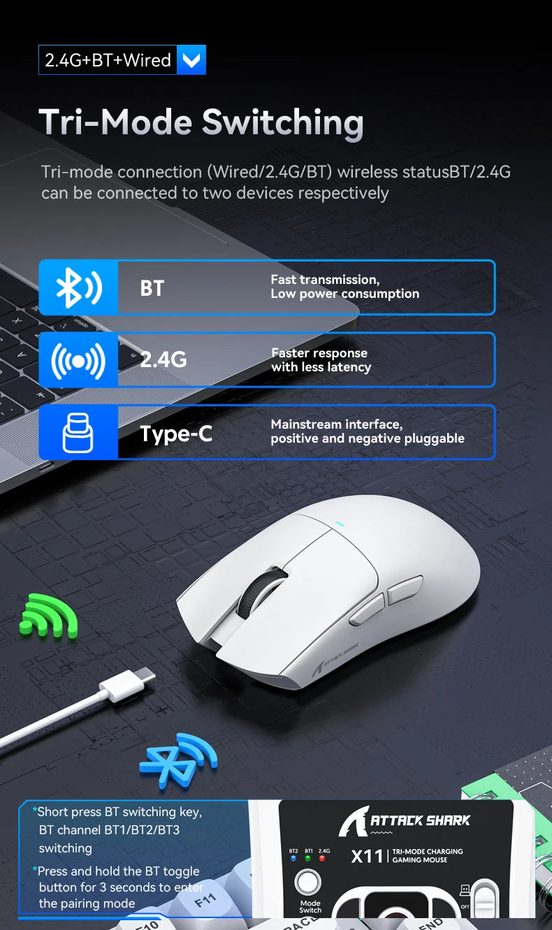 ATTACK SHARK X11 Lightweight Wireless Gaming Mouse with RGB Backlight Charging, Up to 22K DPI, PAW3311 Optical Sensor, HUYU Swit