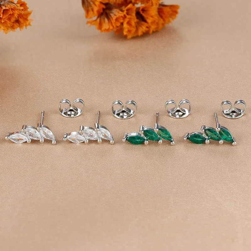 Luxury Green Crystal Zircon Leaves Stud Earrings for Women Fashion Gold Color Geometric Piercing Earring Bride Wedding Jewelry