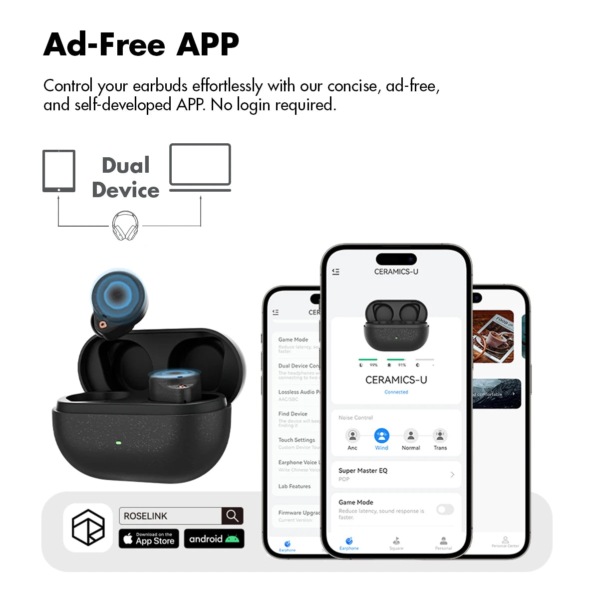 ROSESELSA Ceramics Ultra Wireless Earbuds 50dB Hybrid ANC HiFi Earphones LHDC LDAC 4Mic AI Noise Reduction 40H Battery