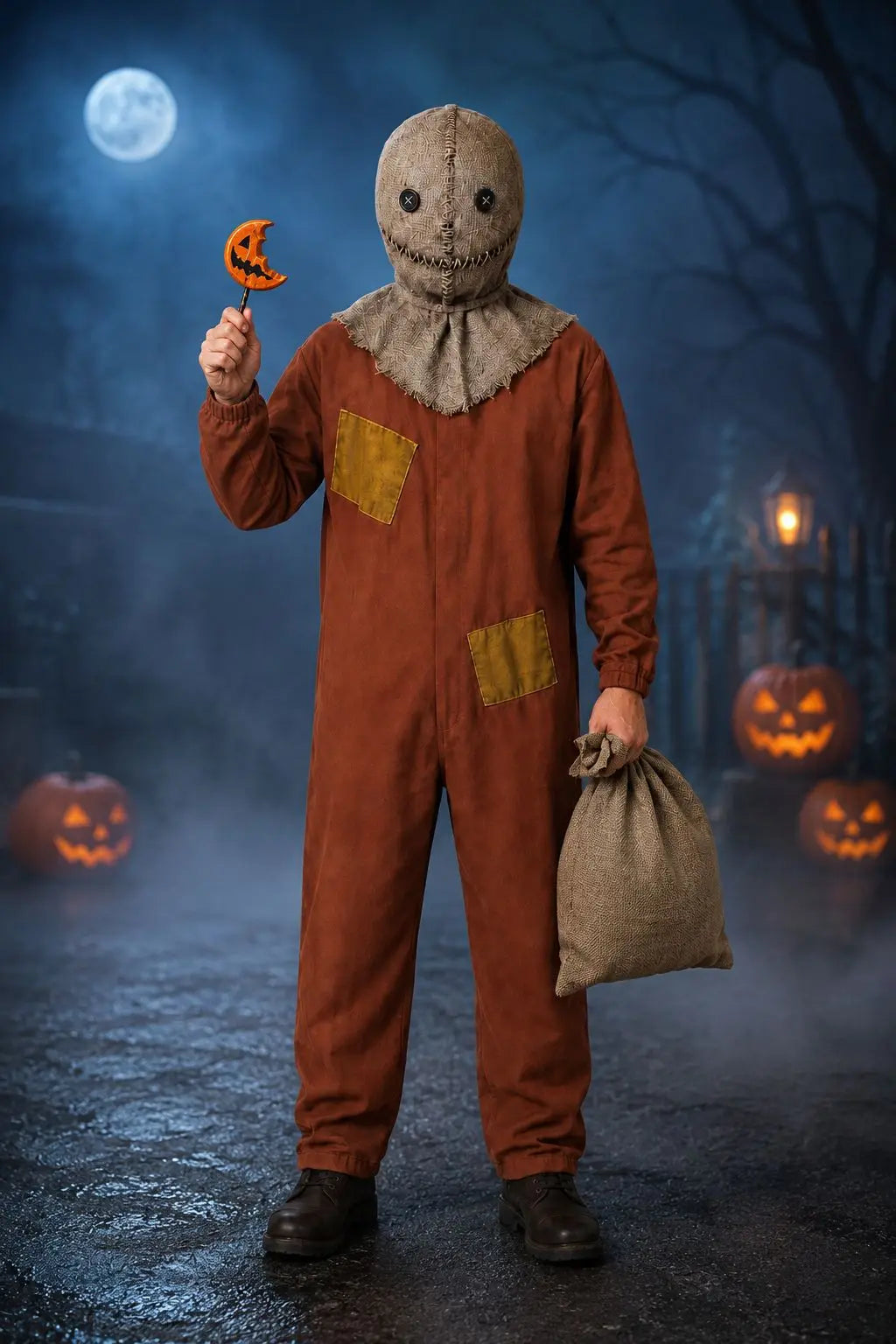 Halloween Scarecrow Sam Cosplay Costume 3‑Pcs Jumpsuit Mask Sack Trick or Treat Horror Role‑Play Outfit for Party Sam in Stock