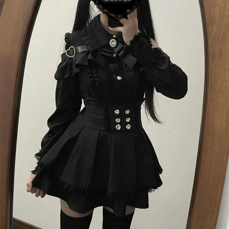 Y2k Aesthetic Lolita Style Bow Dress Shorts Set Japanese Women Gothic Lace Flare Sleeve Button Shirt Dress Punk Party Mini Dress