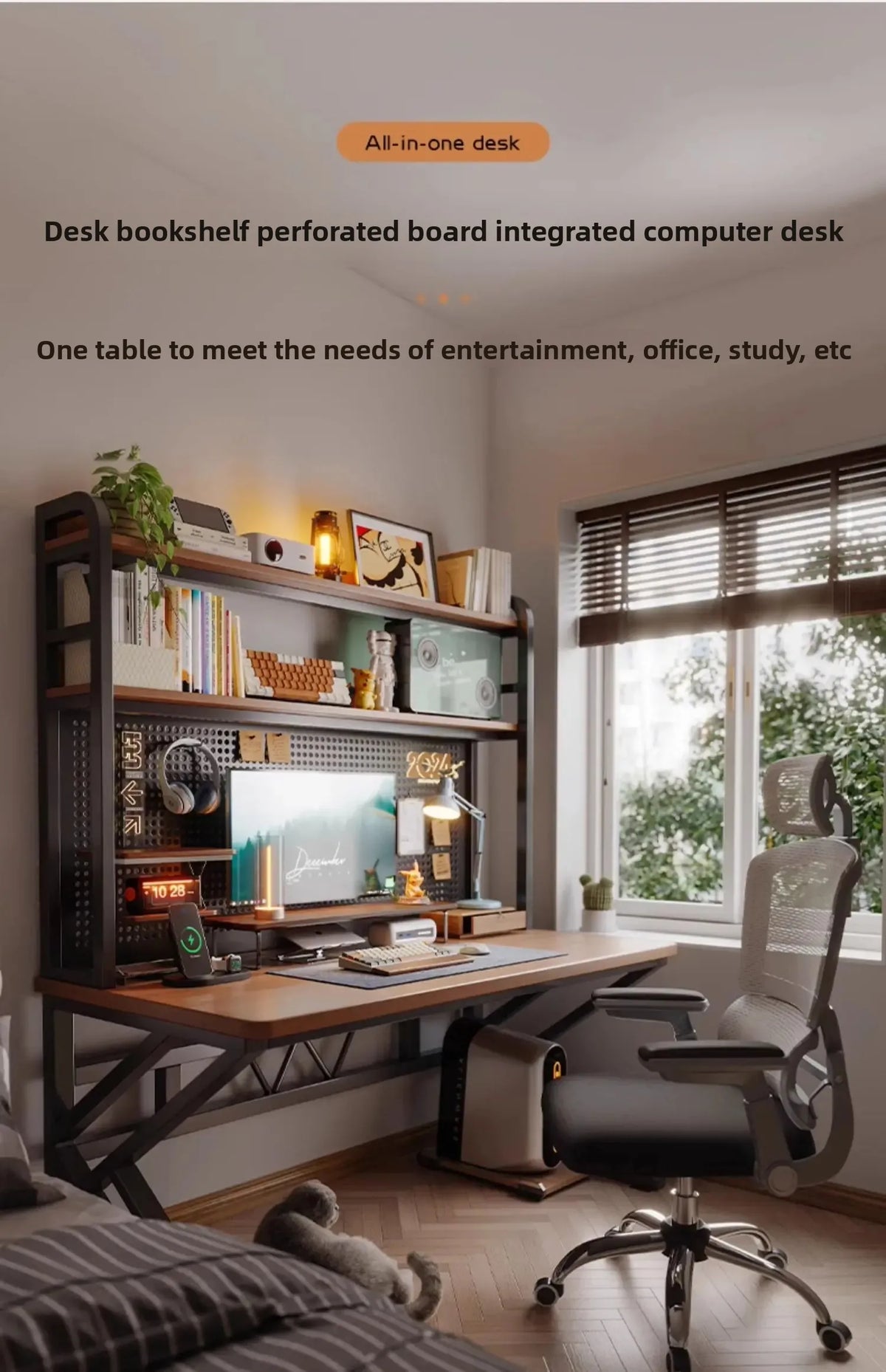 Gaming Desk with Bookshelf and Pegboard Computer Desk with Storage Shelf Home Office Study Desk for Bedroom Small Space