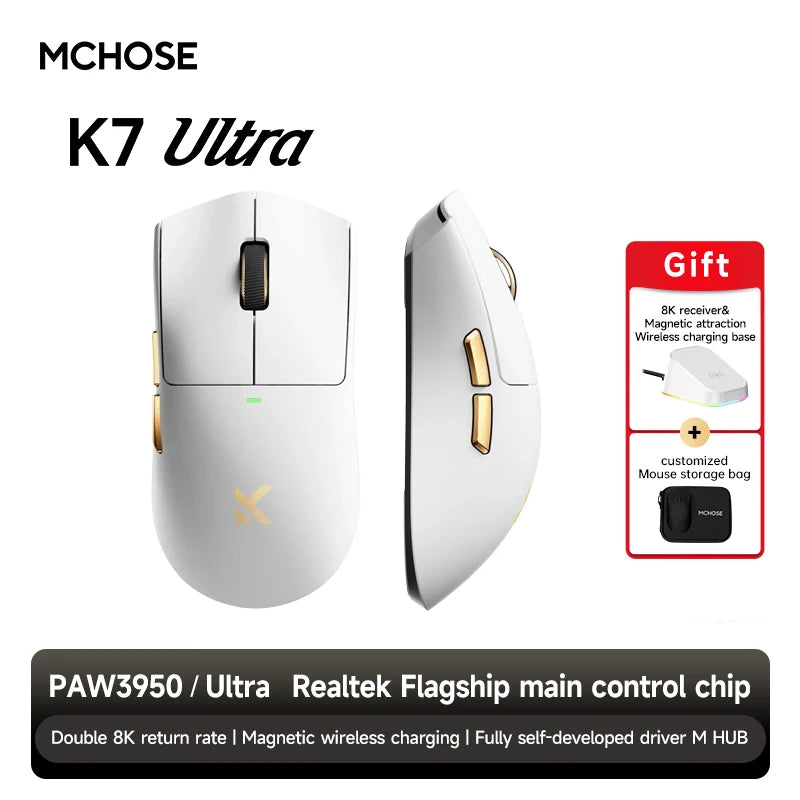 MCHOSE K7 Ultra Wireless PAW3950 Gaming Mouse Dual 8K Polling Rate Magnetic Wireless Charging Stand Office Mouse Lightweight 59g