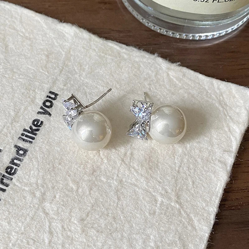 Sweet Shiny Bow Stud Earrings Women Zircon Pearl Small Earrings Elegant Delicate Versatile Christmas Party Jewelry Accessories