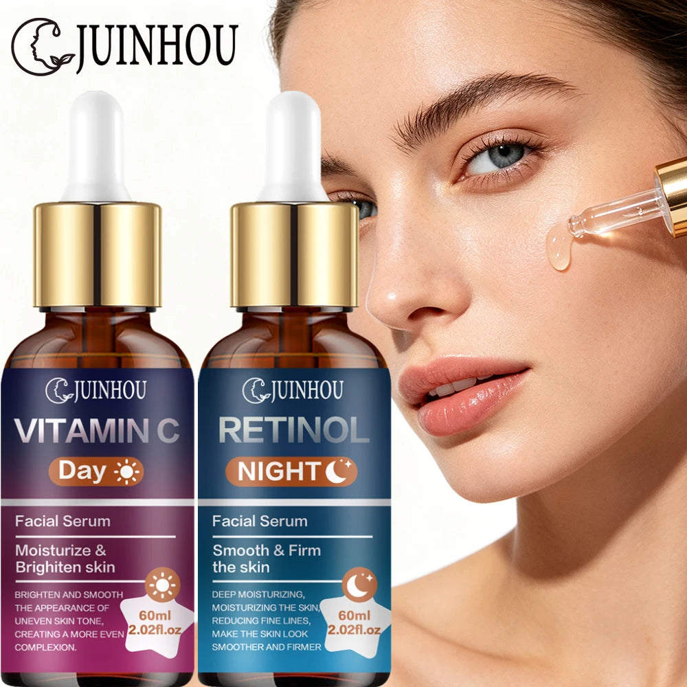 JUINHOU 2Pcs Day & Night Face Serum Set Vitamin C Retinol Hydrating Glowing Skin Make Skin Smoother And Firmer Daily Facial Care